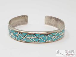 Sterling Silver Etched Turquoise Inlay Cuff, 27g