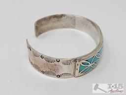 Sterling Silver Etched Turquoise Inlay Cuff, 27g