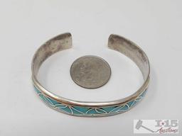 Sterling Silver Etched Turquoise Inlay Cuff, 27g