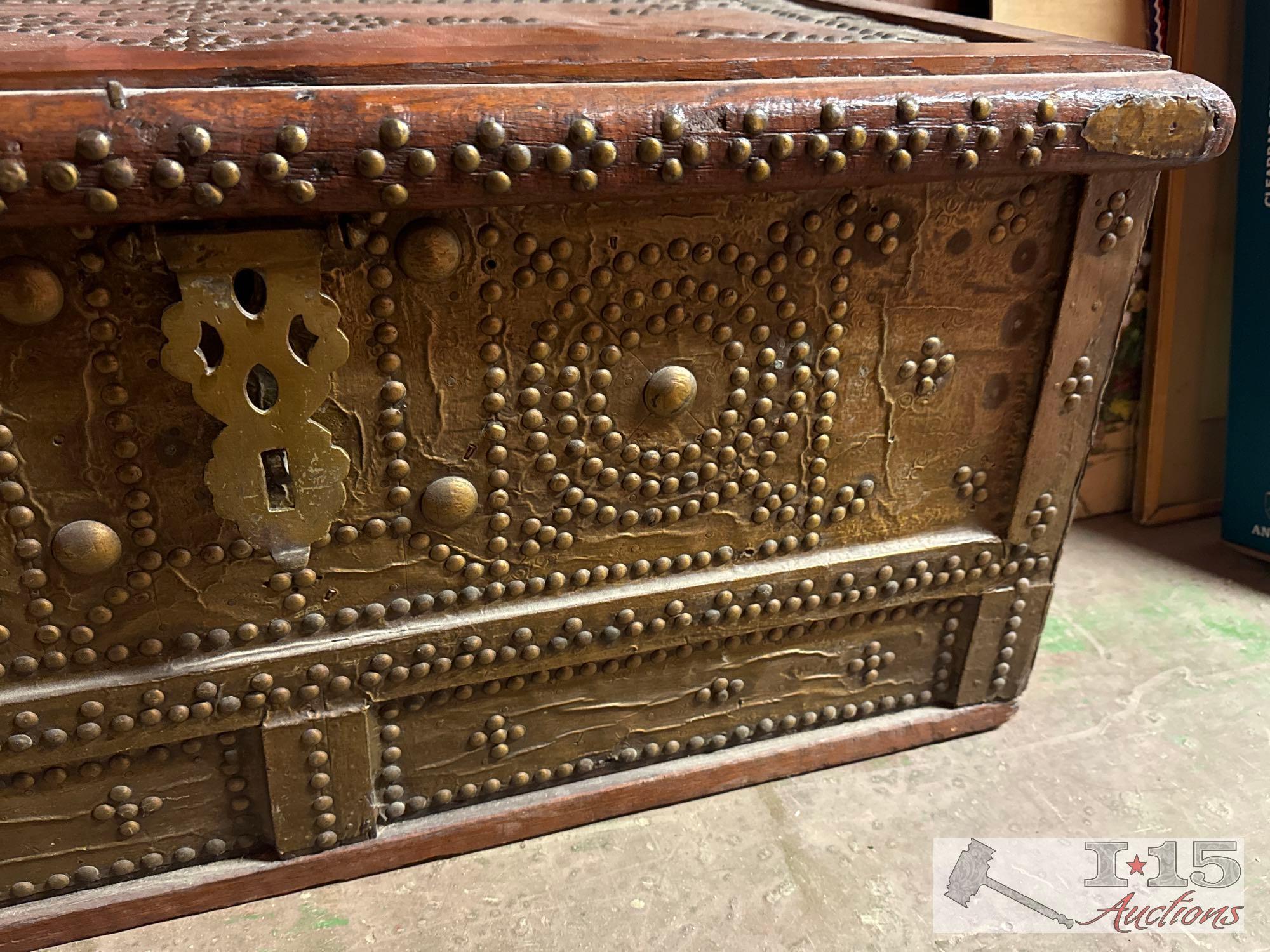 Studded Wood Storage Trunk