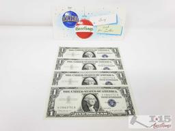 4 1957B Sequential Blue Sealed Dollar Bills