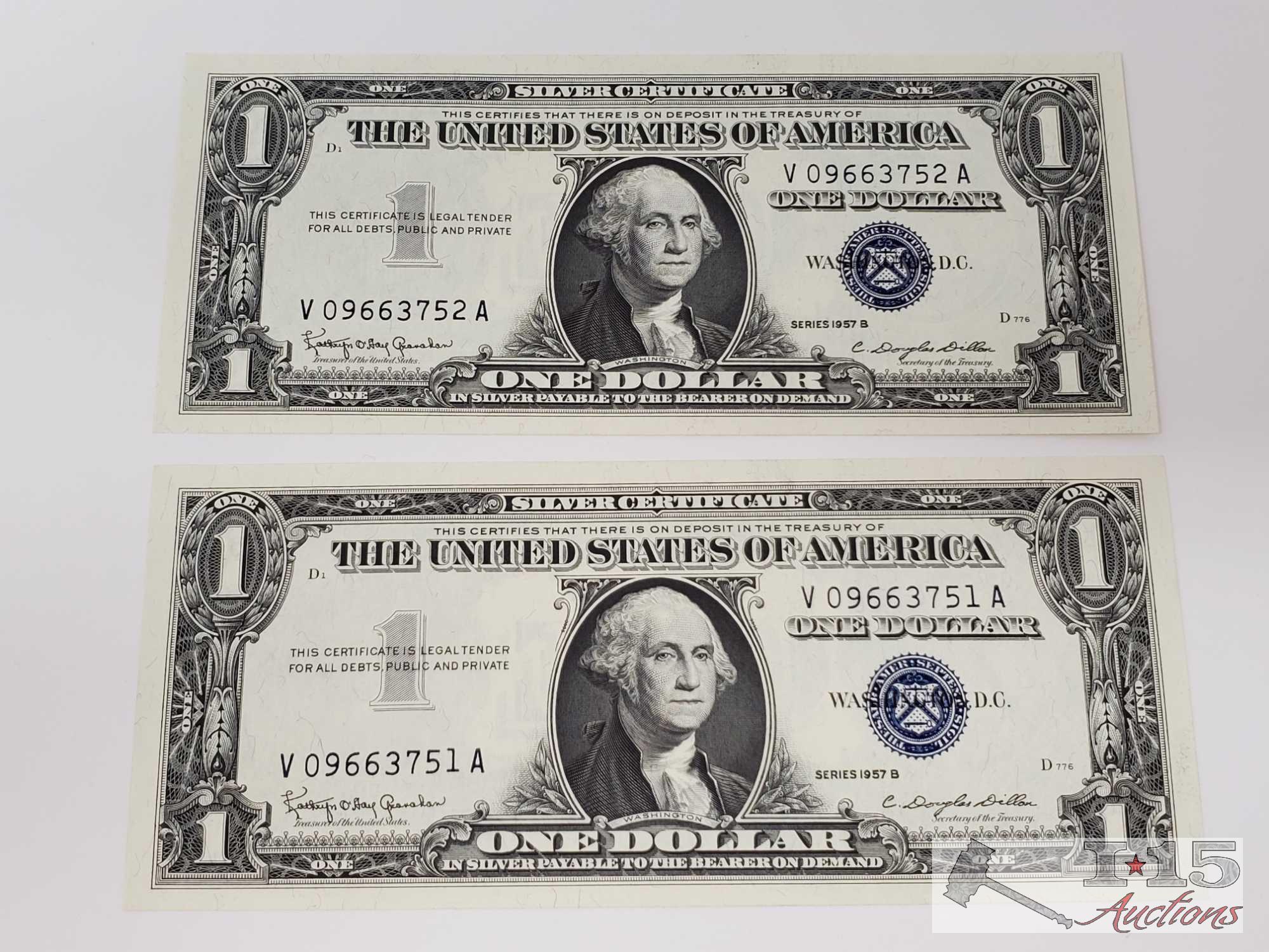 4 1957B Sequential Blue Sealed Dollar Bills