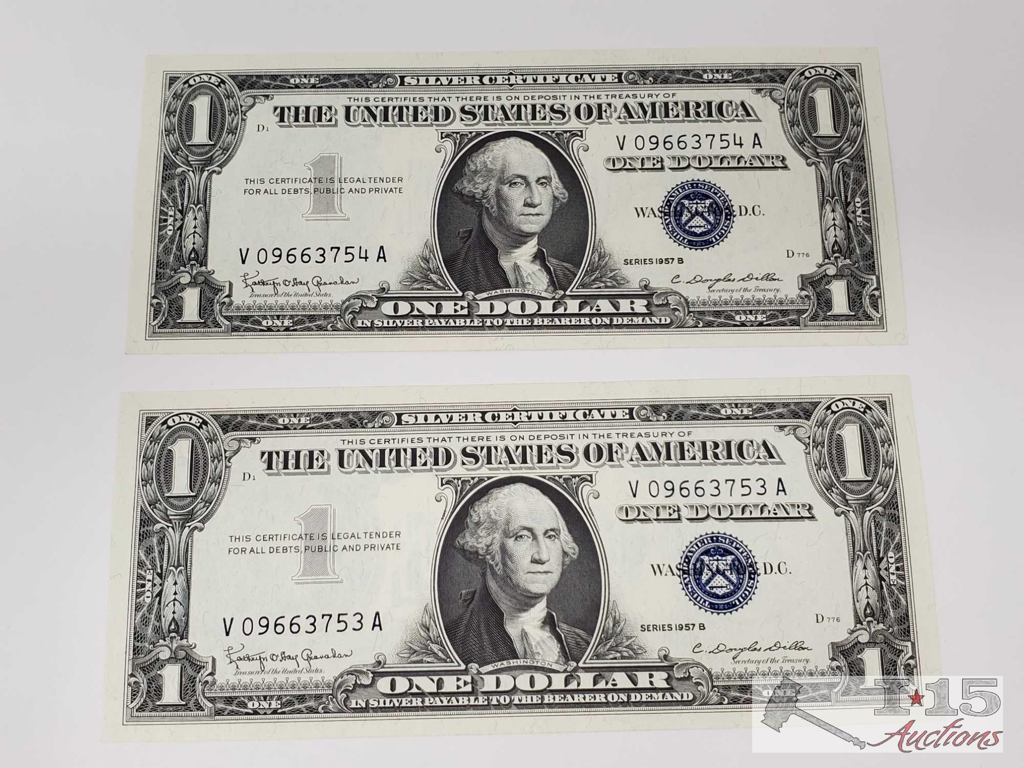4 1957B Sequential Blue Sealed Dollar Bills