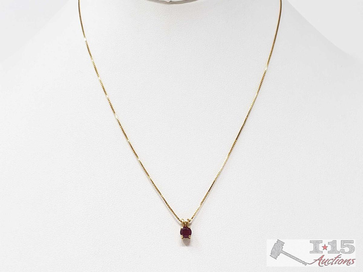 14k Gold Necklace With Ruby Pendant, 1.9g