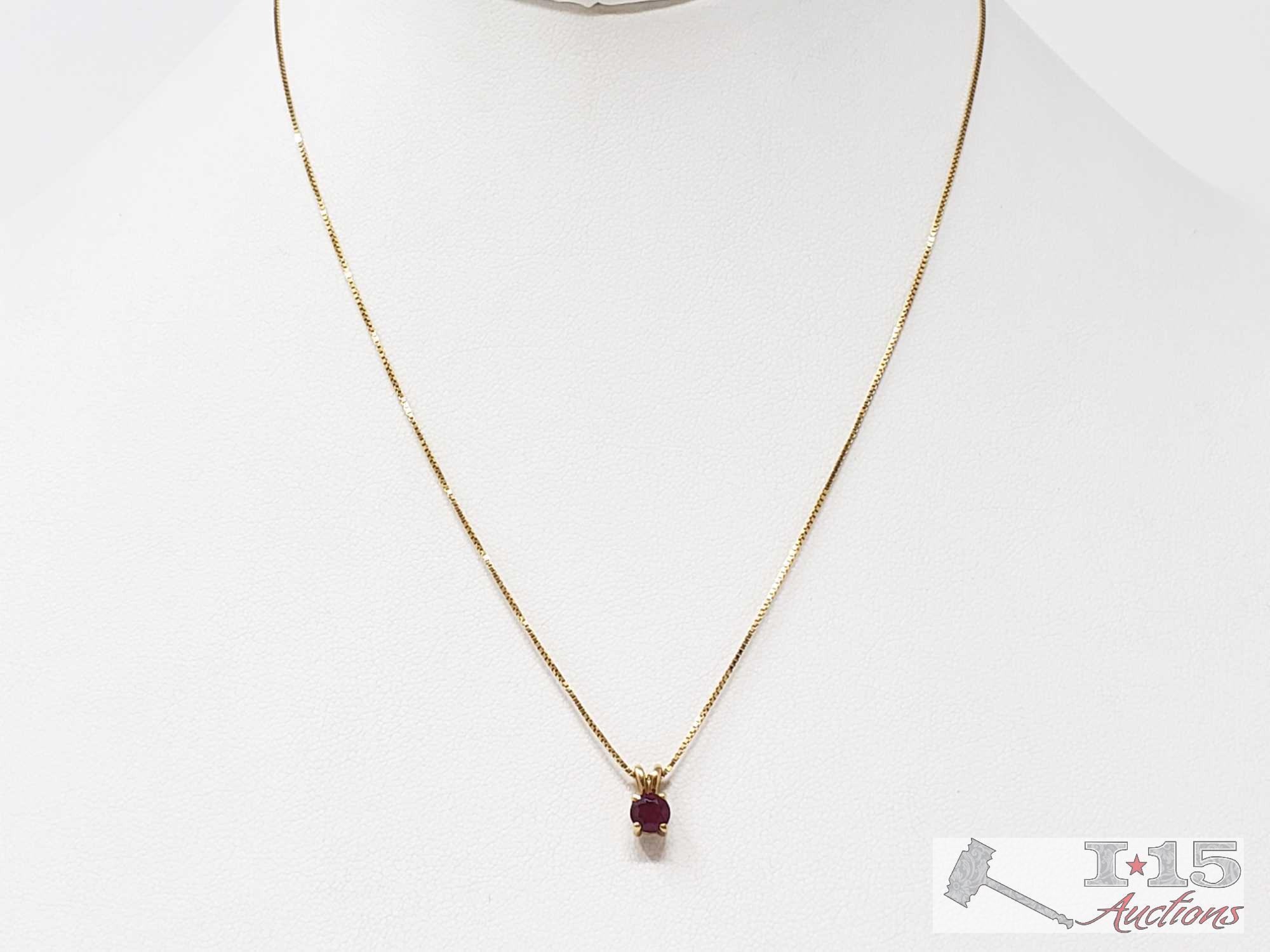 14k Gold Necklace With Ruby Pendant, 1.9g