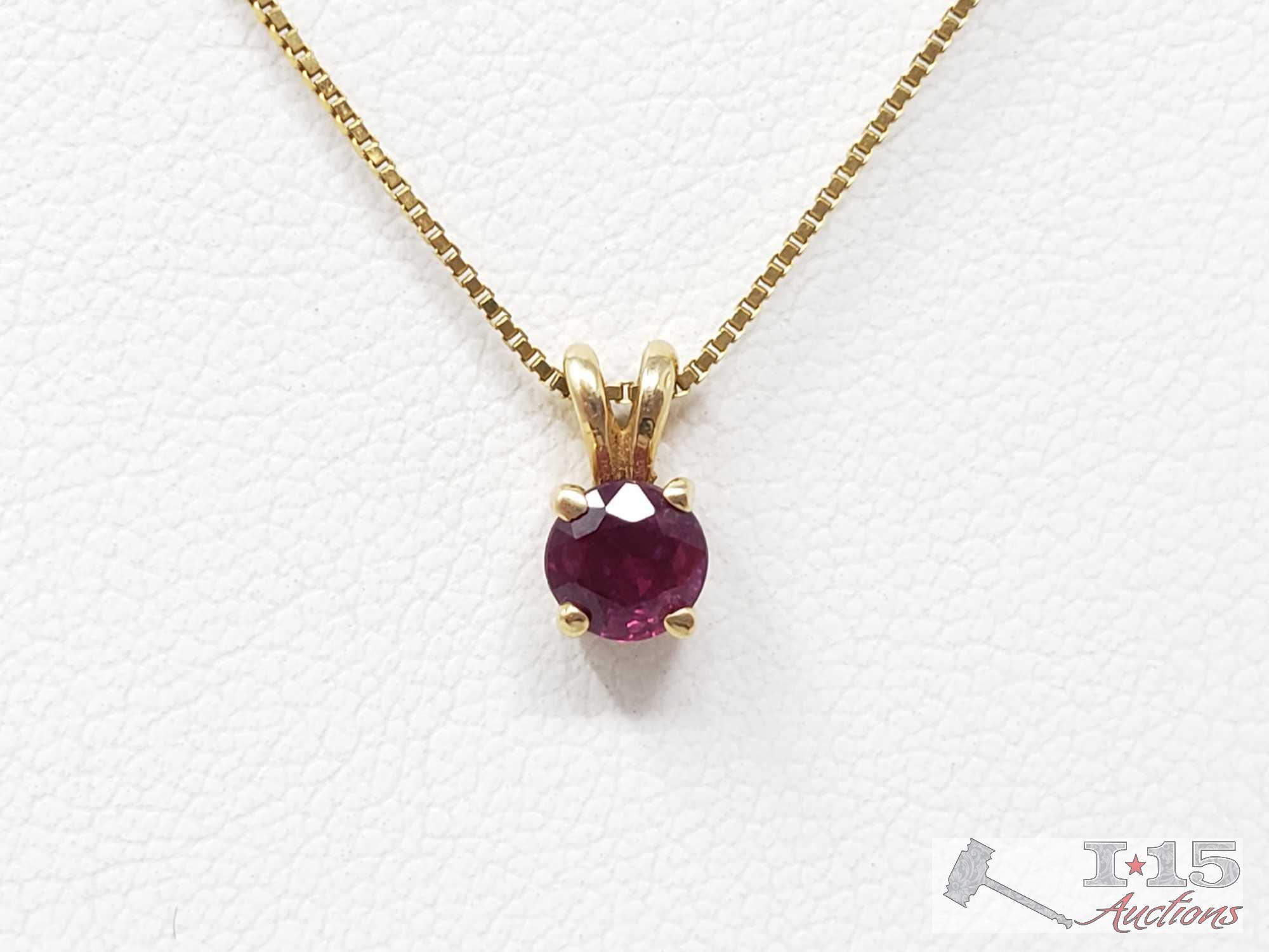 14k Gold Necklace With Ruby Pendant, 1.9g
