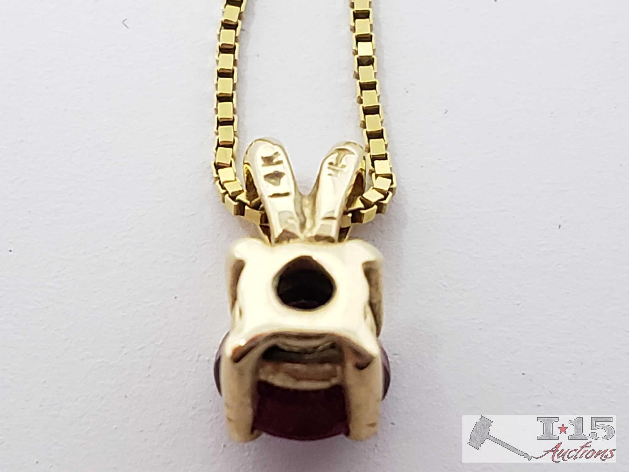 14k Gold Necklace With Ruby Pendant, 1.9g