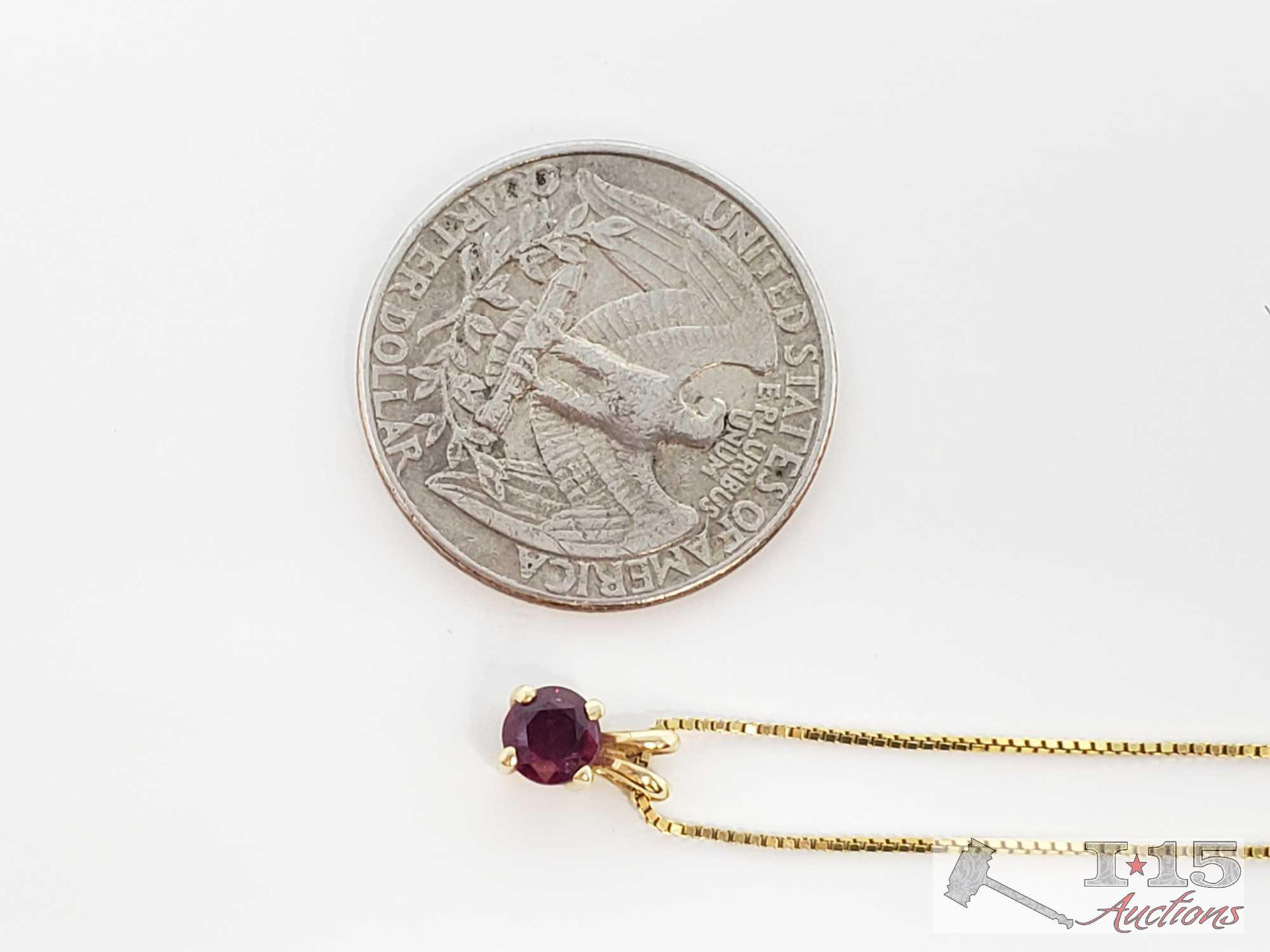 14k Gold Necklace With Ruby Pendant, 1.9g