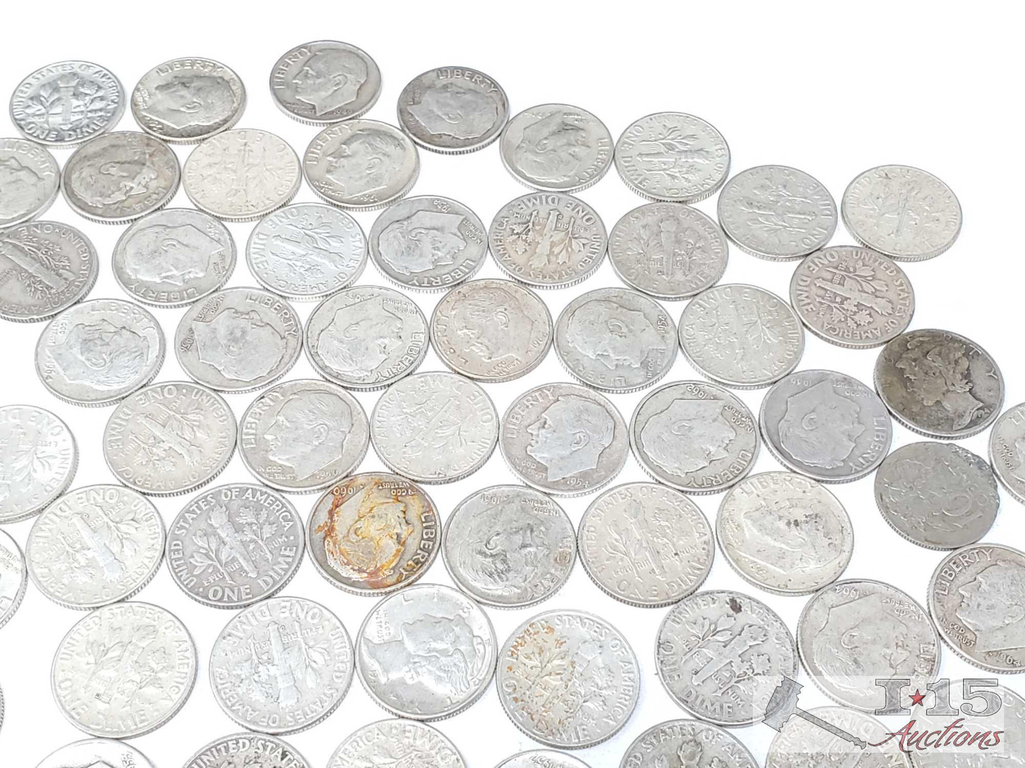 Pre 1964 Roosevelt and Mercury Dimes, 354g