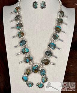 Native American Sterling Silver Turquoise Squash Blossom Set,126g