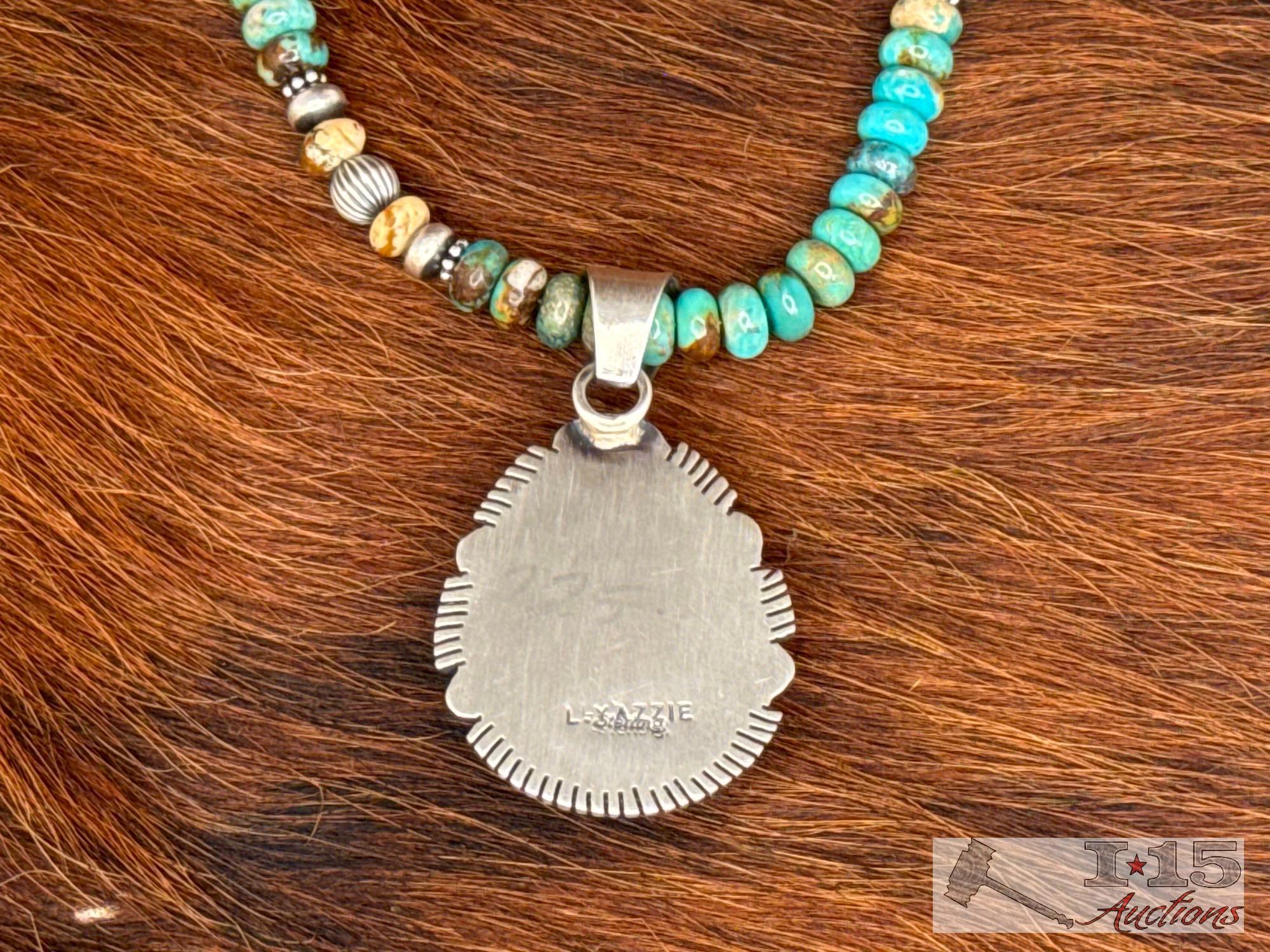 Native American Sterling Silver Beaded Turquoise Necklace, 47g