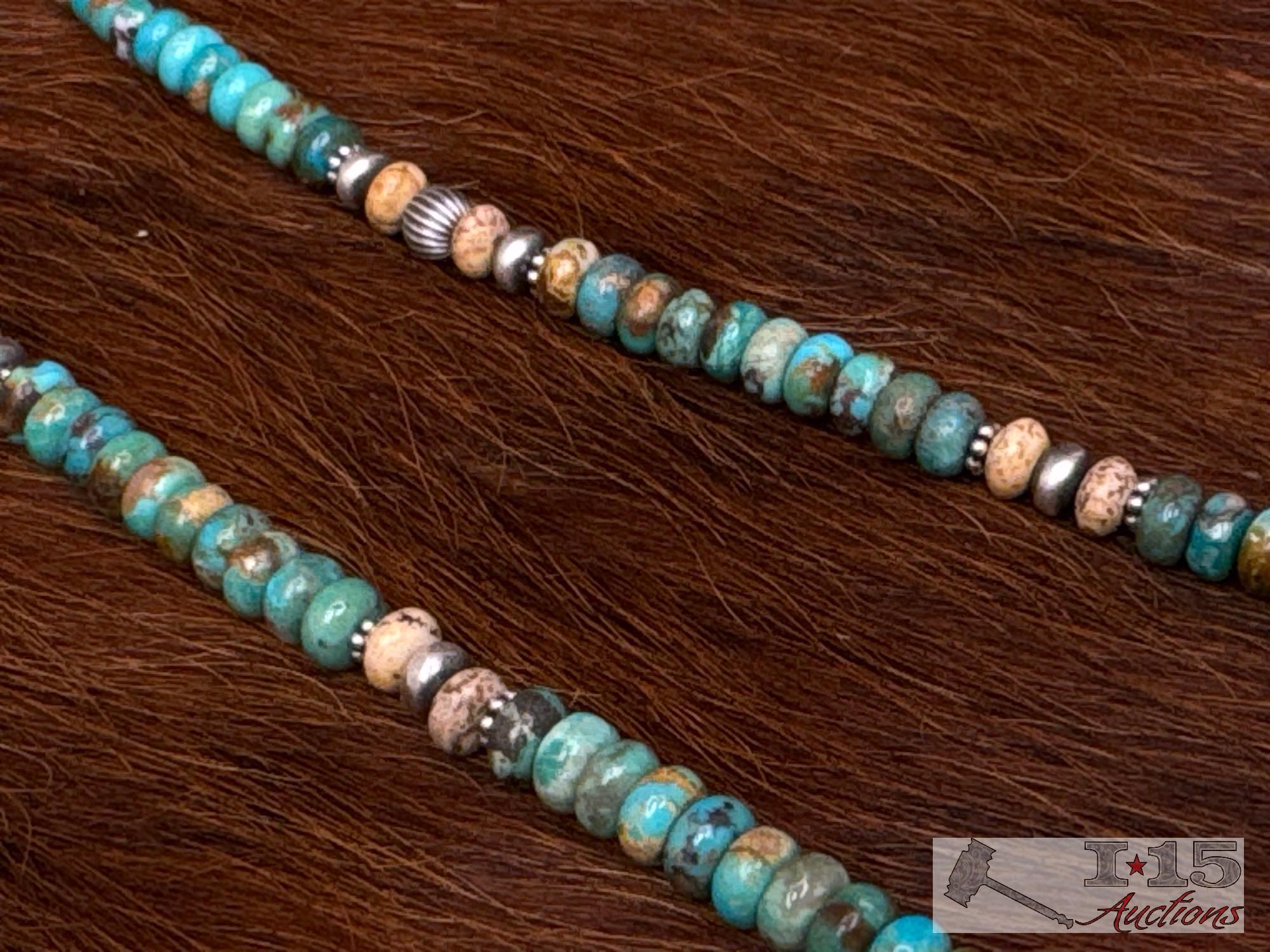 Native American Sterling Silver Beaded Turquoise Necklace, 47g