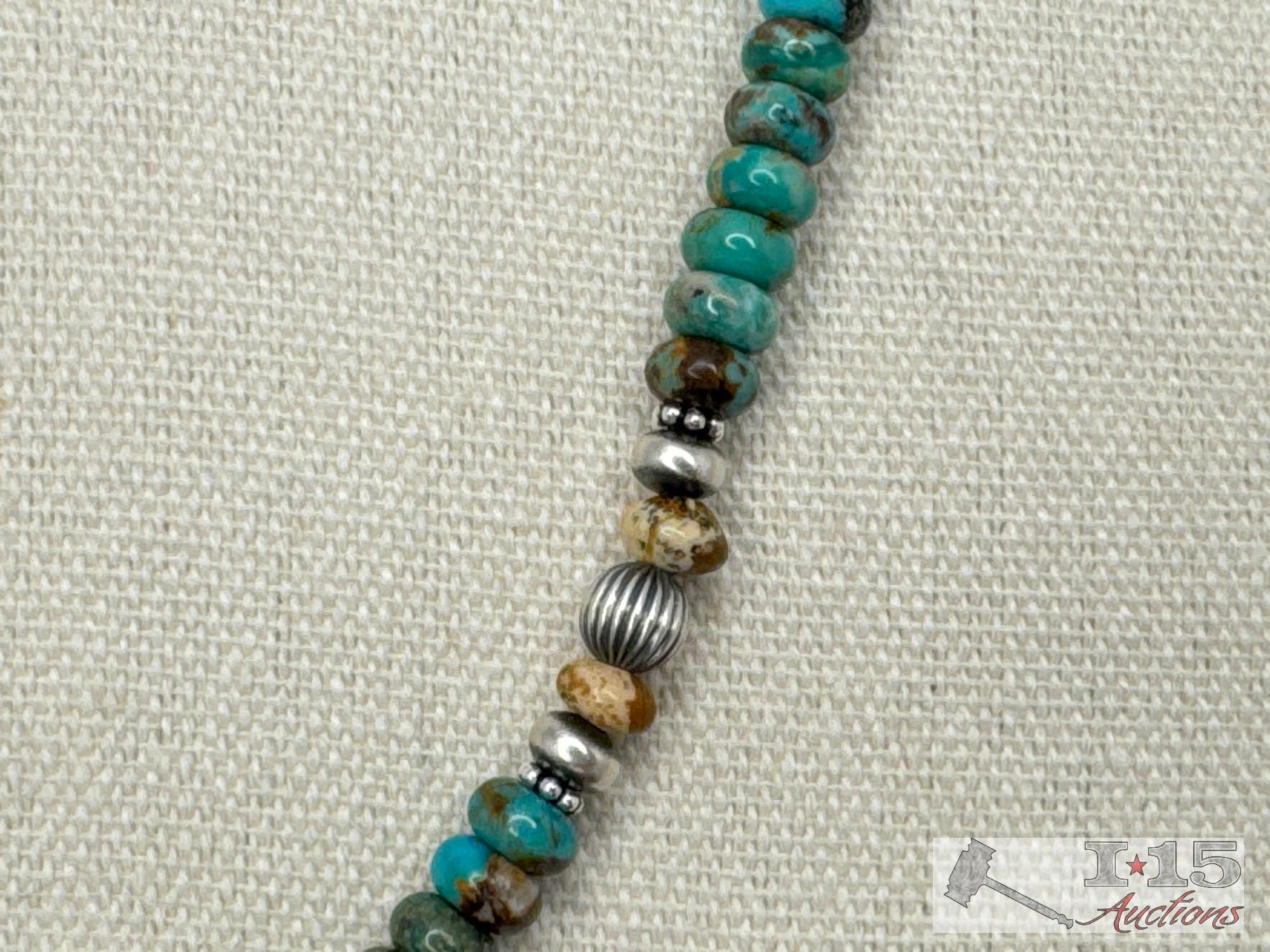 Native American Sterling Silver Beaded Turquoise Necklace, 47g