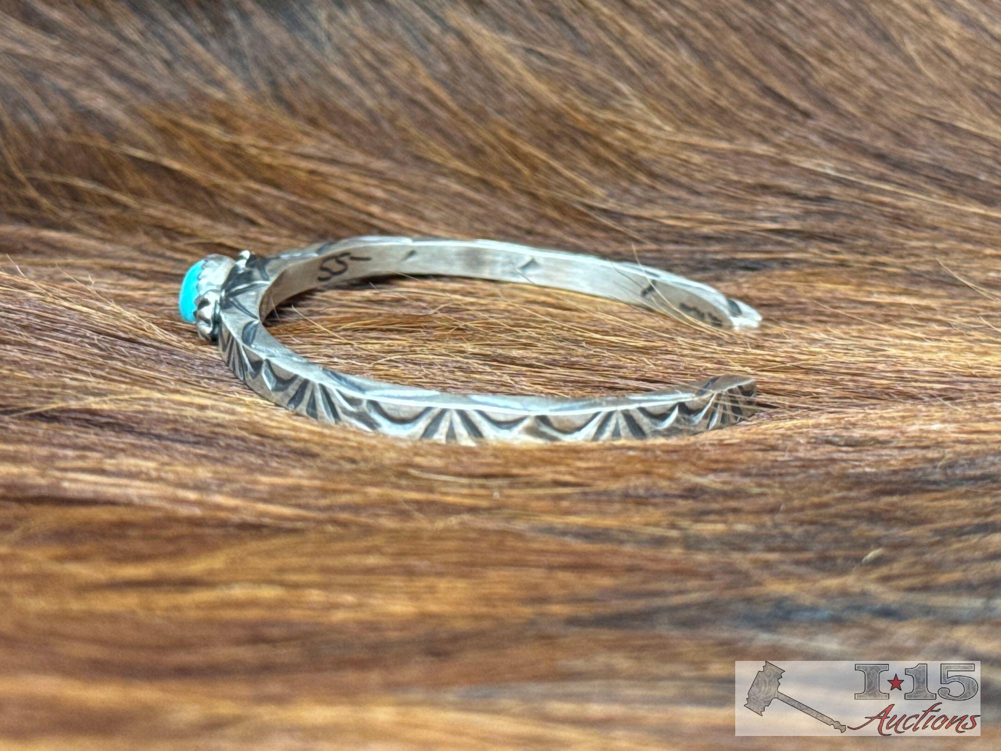 Native American Sterling Silver Cuff with Turquoise Stone, 16g