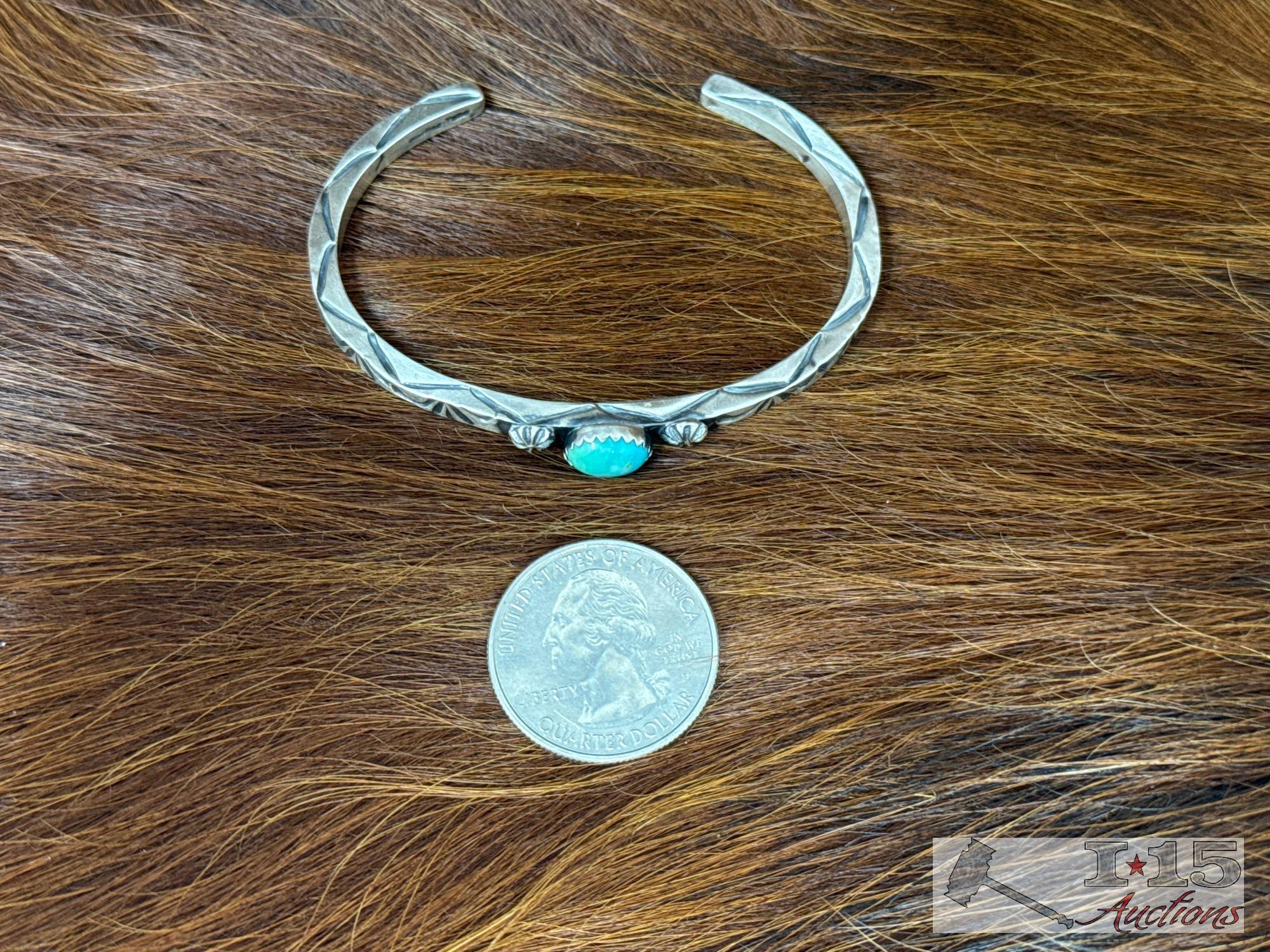 Native American Sterling Silver Cuff with Turquoise Stone, 16g