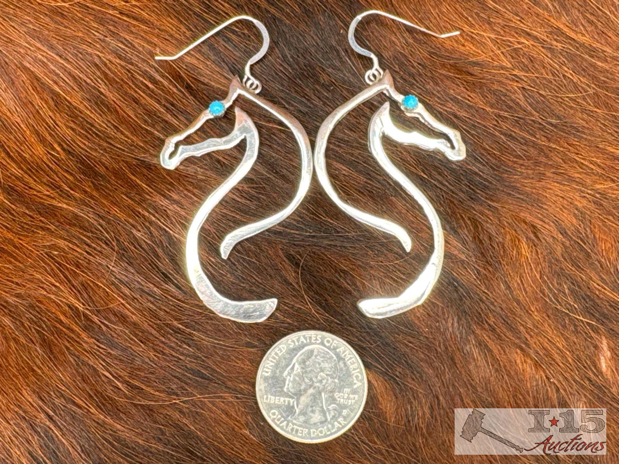 Native American Sterling Silver Horse Earrings with Turquoise Stones, 12g