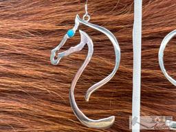 Native American Sterling Silver Horse Earrings with Turquoise Stones, 12g