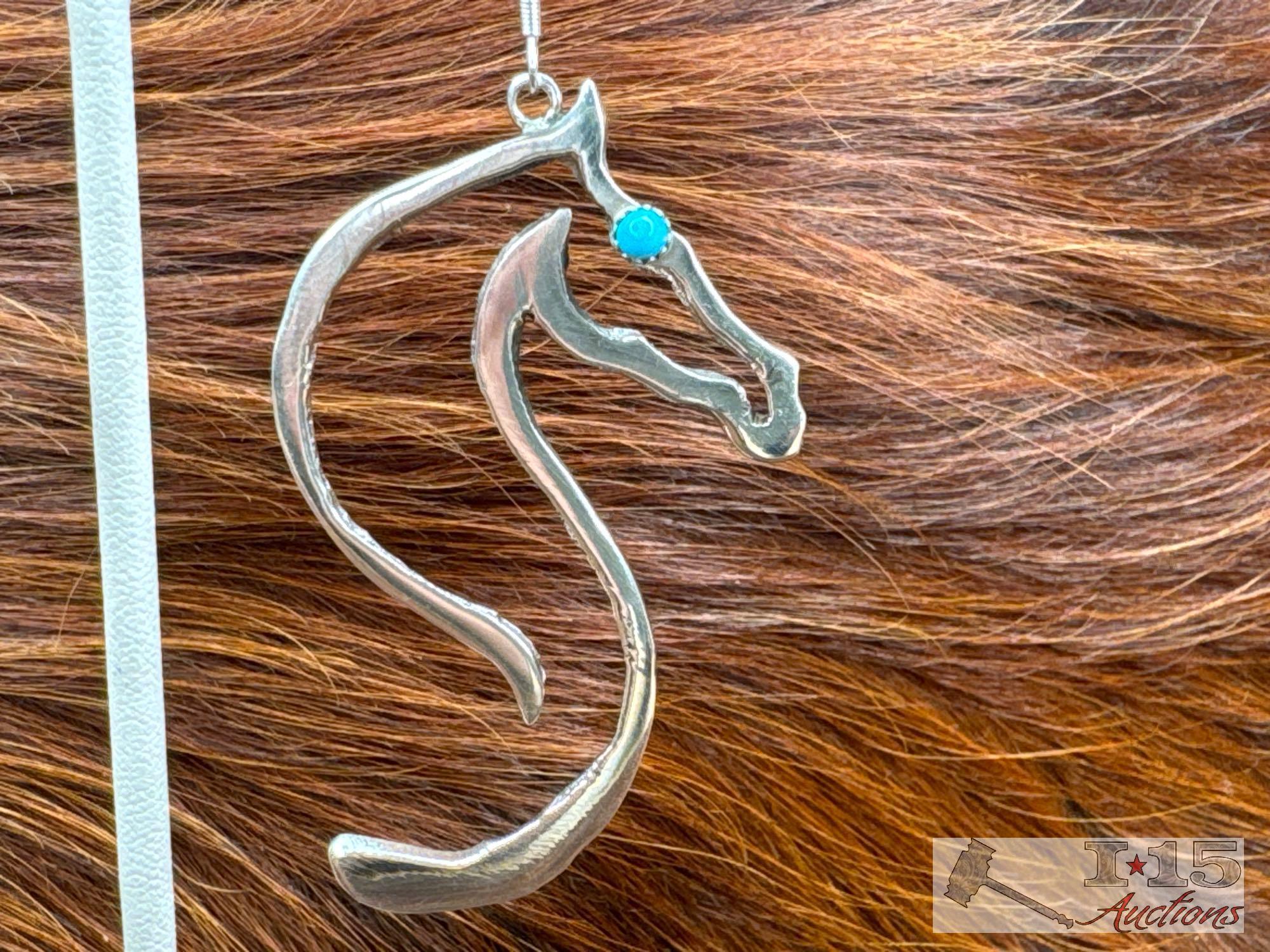 Native American Sterling Silver Horse Earrings with Turquoise Stones, 12g