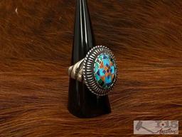 Native American Sterling Silver Mosaic Inlay Ring, 13.45g