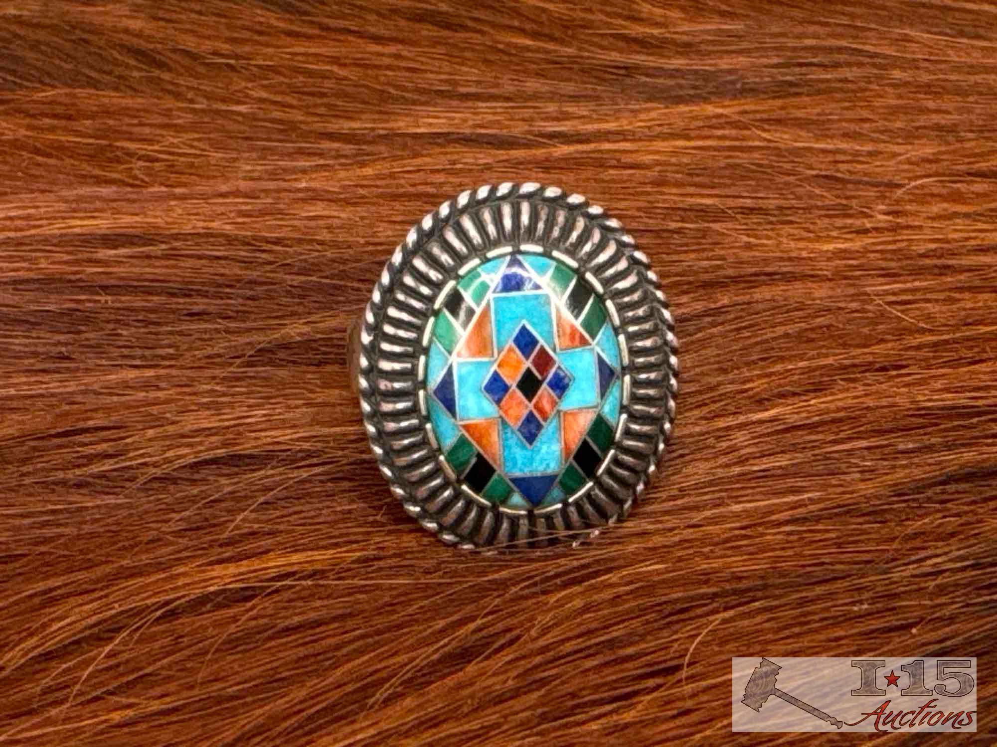 Native American Sterling Silver Mosaic Inlay Ring, 13.45g