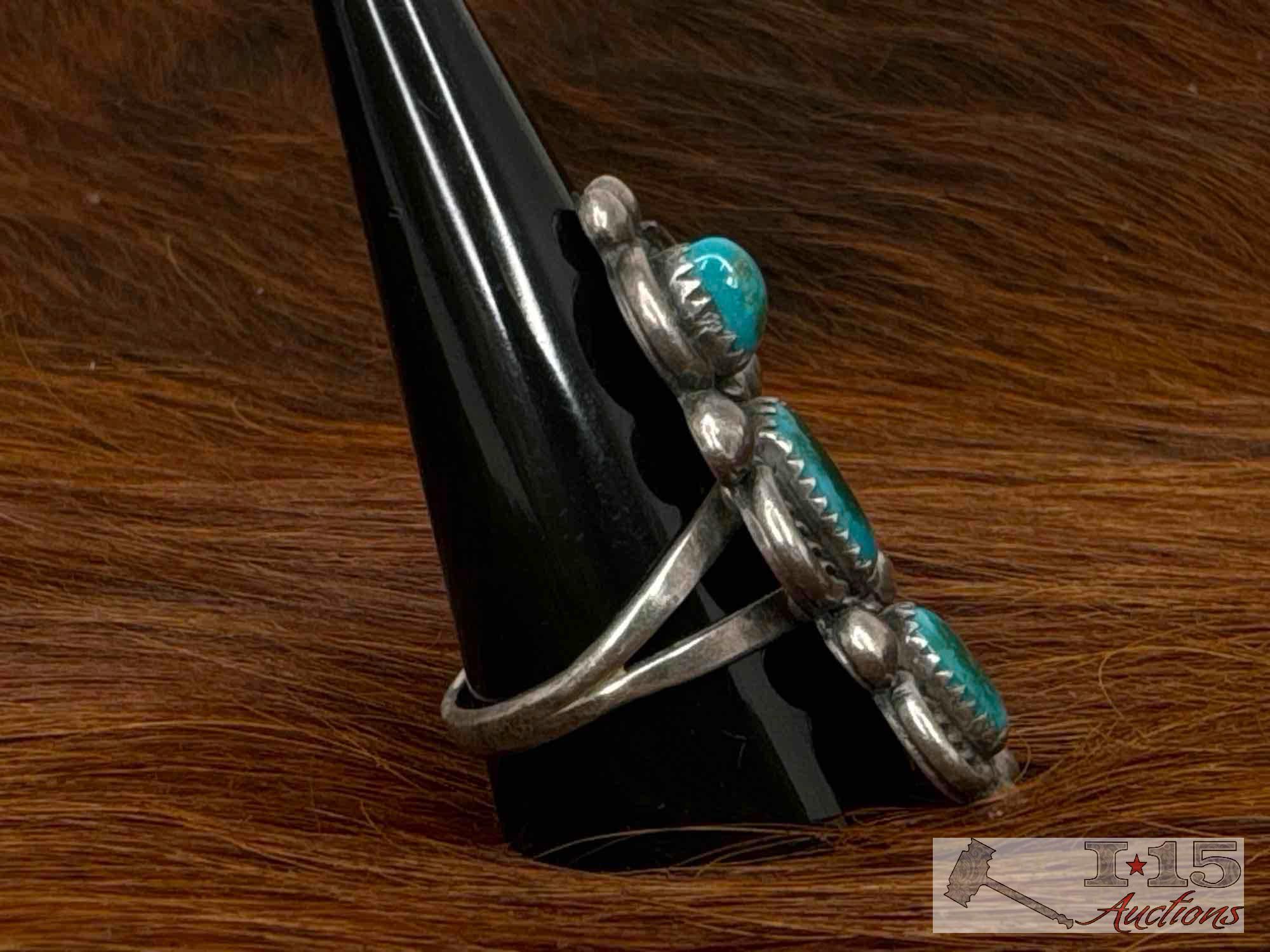 Native American Sterling Silver Ring with 3 Turquoise Stones, 12.24g