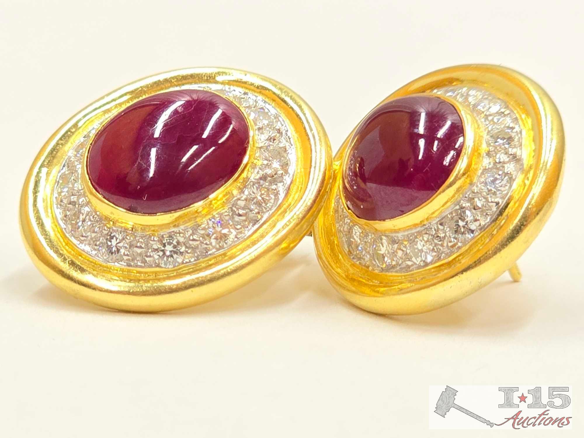 5.65tcw Natural Diamond & Ruby 18K Gold Earring Set,