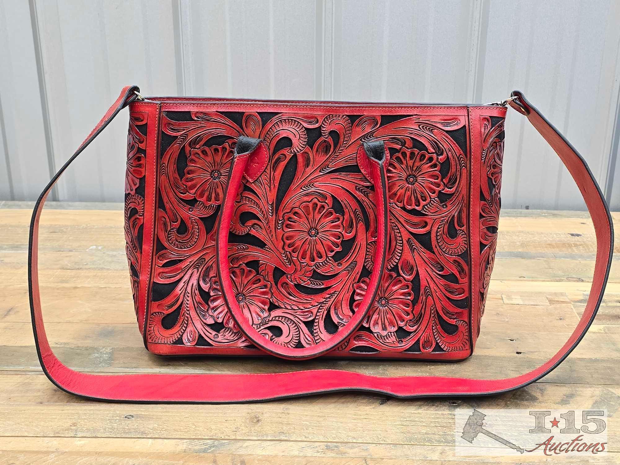 Vibrant Red Leather Floral Pattern Virginia Tote Bag