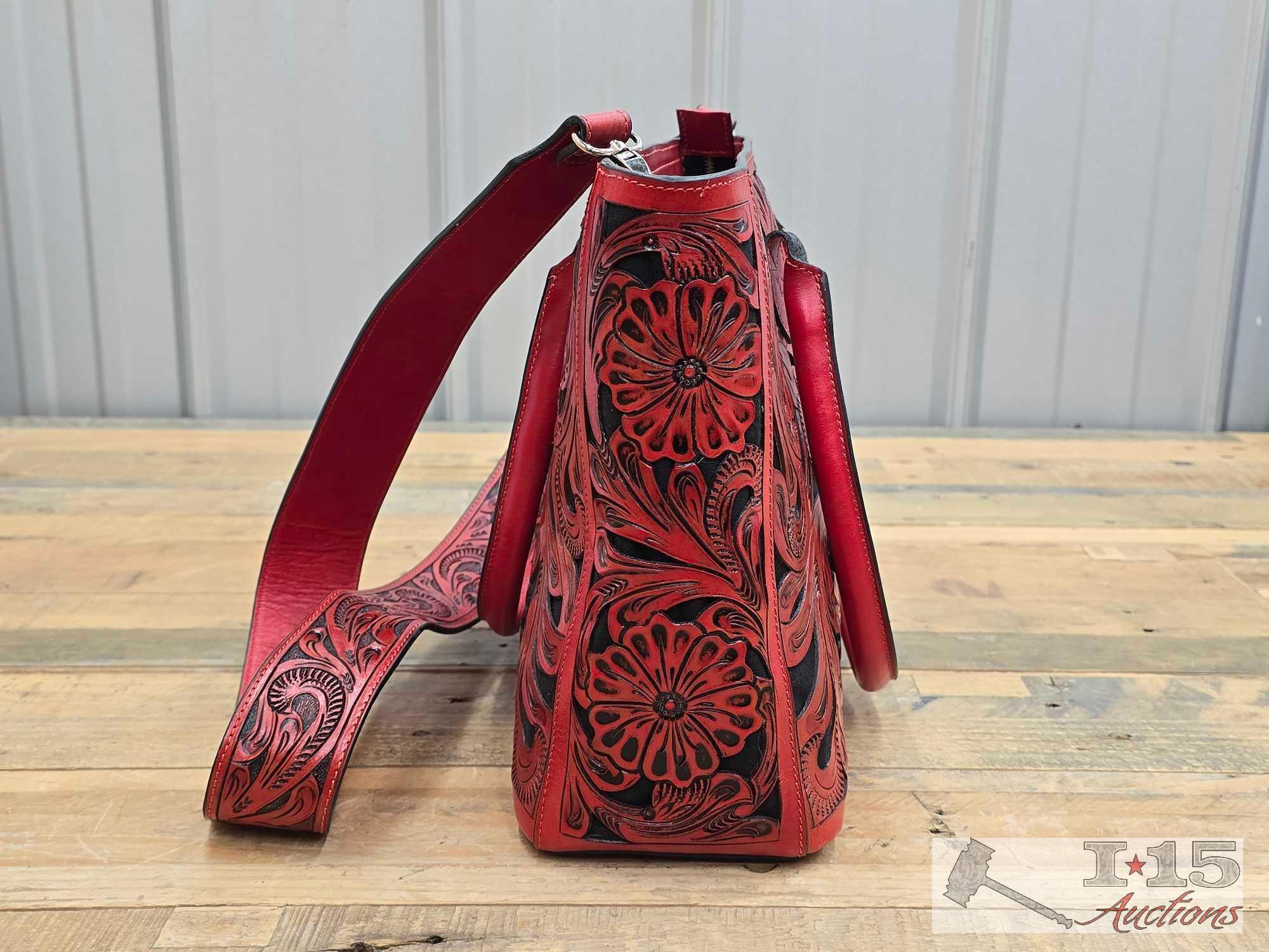 Vibrant Red Leather Floral Pattern Virginia Tote Bag