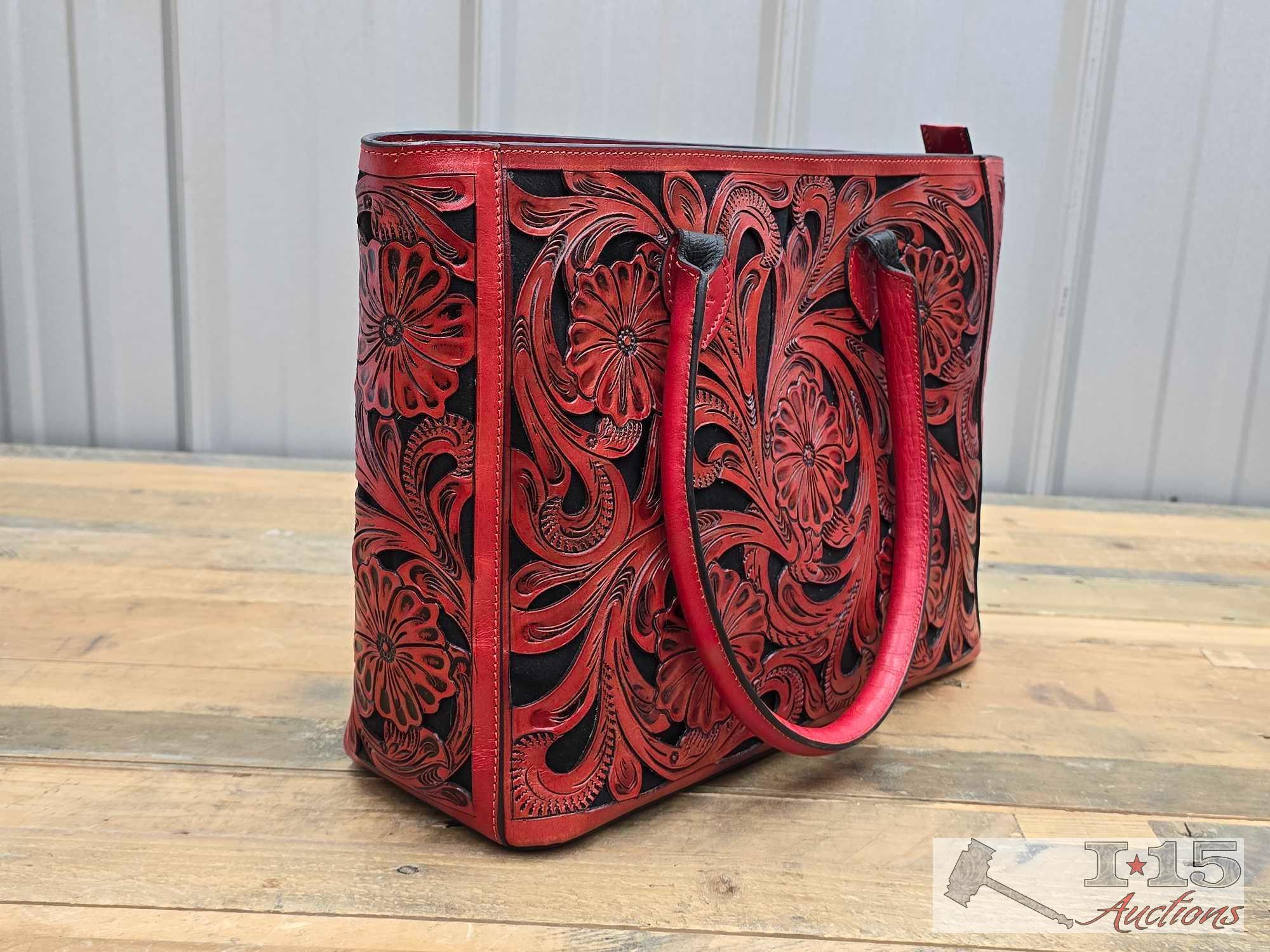 Vibrant Red Leather Floral Pattern Virginia Tote Bag