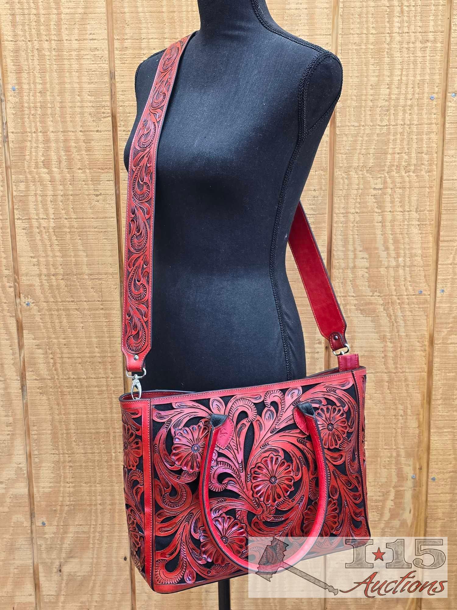 Vibrant Red Leather Floral Pattern Virginia Tote Bag