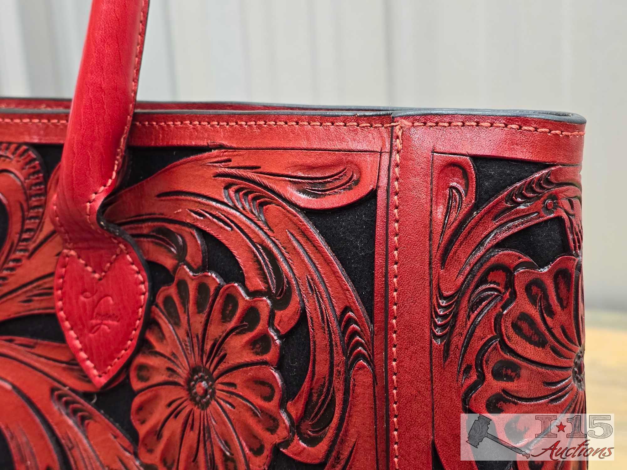 Vibrant Red Leather Floral Pattern Virginia Tote Bag