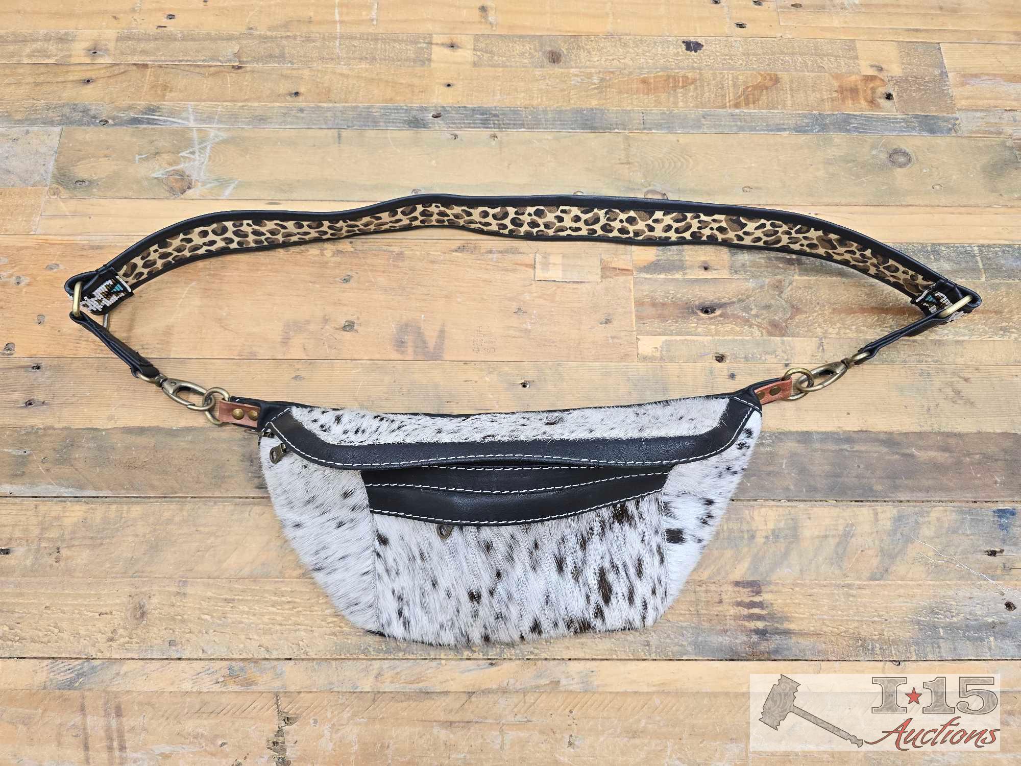 YKK Cowhide Fanny Pack with Native American Beaded & Cheetah Print Strap