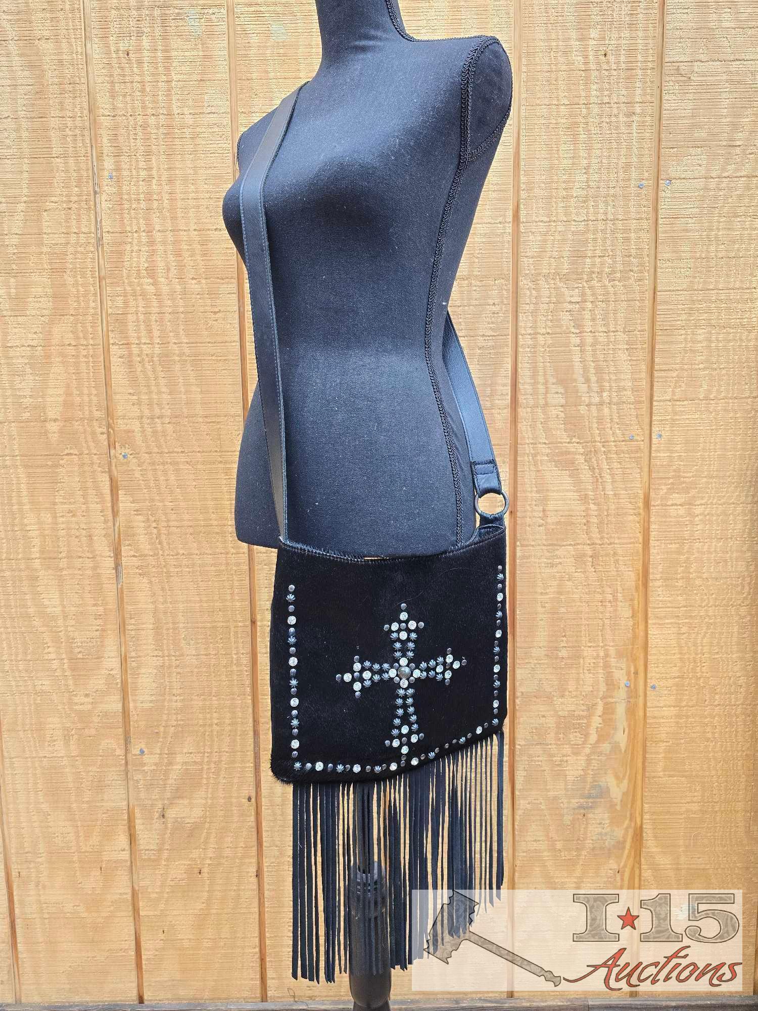 Shyanne Black Leather and Cowhide Cross Body with Studded Cross & Black Leather Fringe