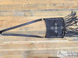 Shyanne Black Leather and Cowhide Cross Body with Studded Cross & Black Leather Fringe