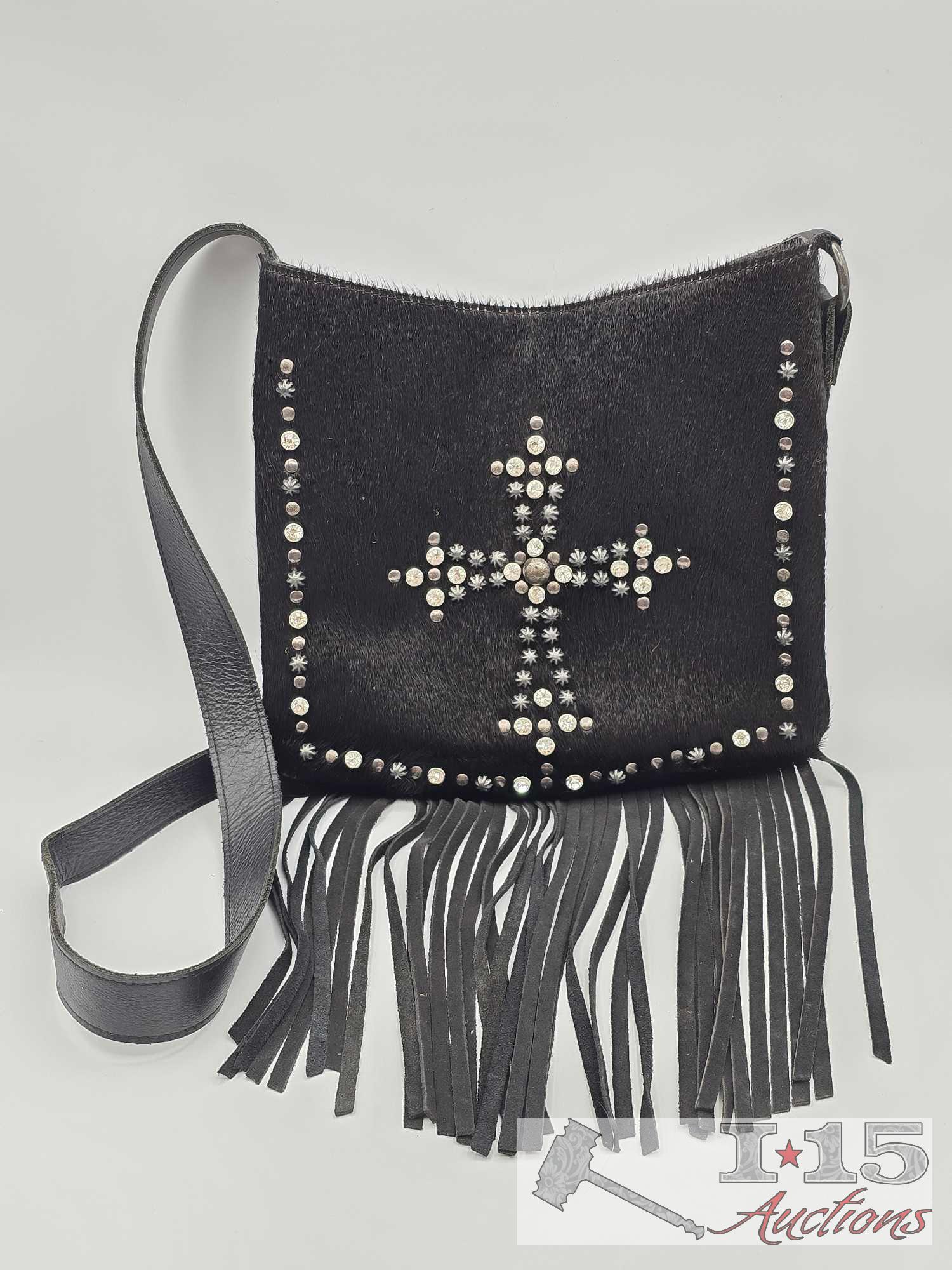 Shyanne Black Leather and Cowhide Cross Body with Studded Cross & Black Leather Fringe