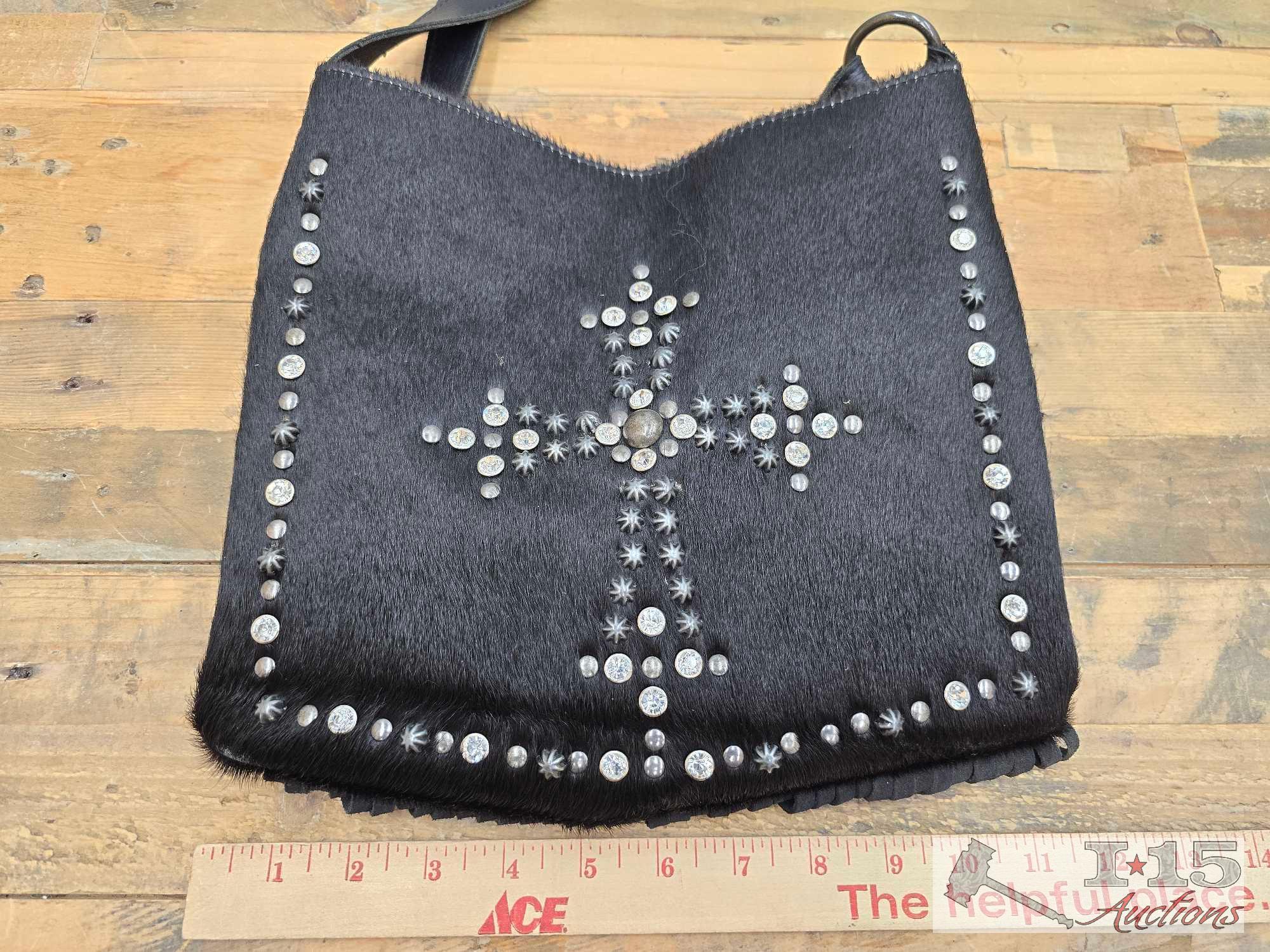 Shyanne Black Leather and Cowhide Cross Body with Studded Cross & Black Leather Fringe