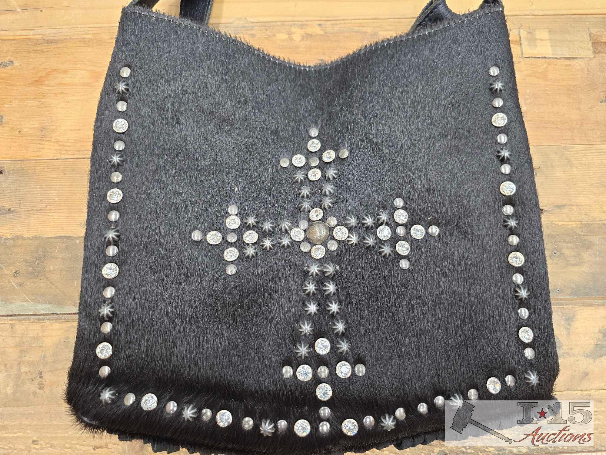 Shyanne Black Leather and Cowhide Cross Body with Studded Cross & Black Leather Fringe