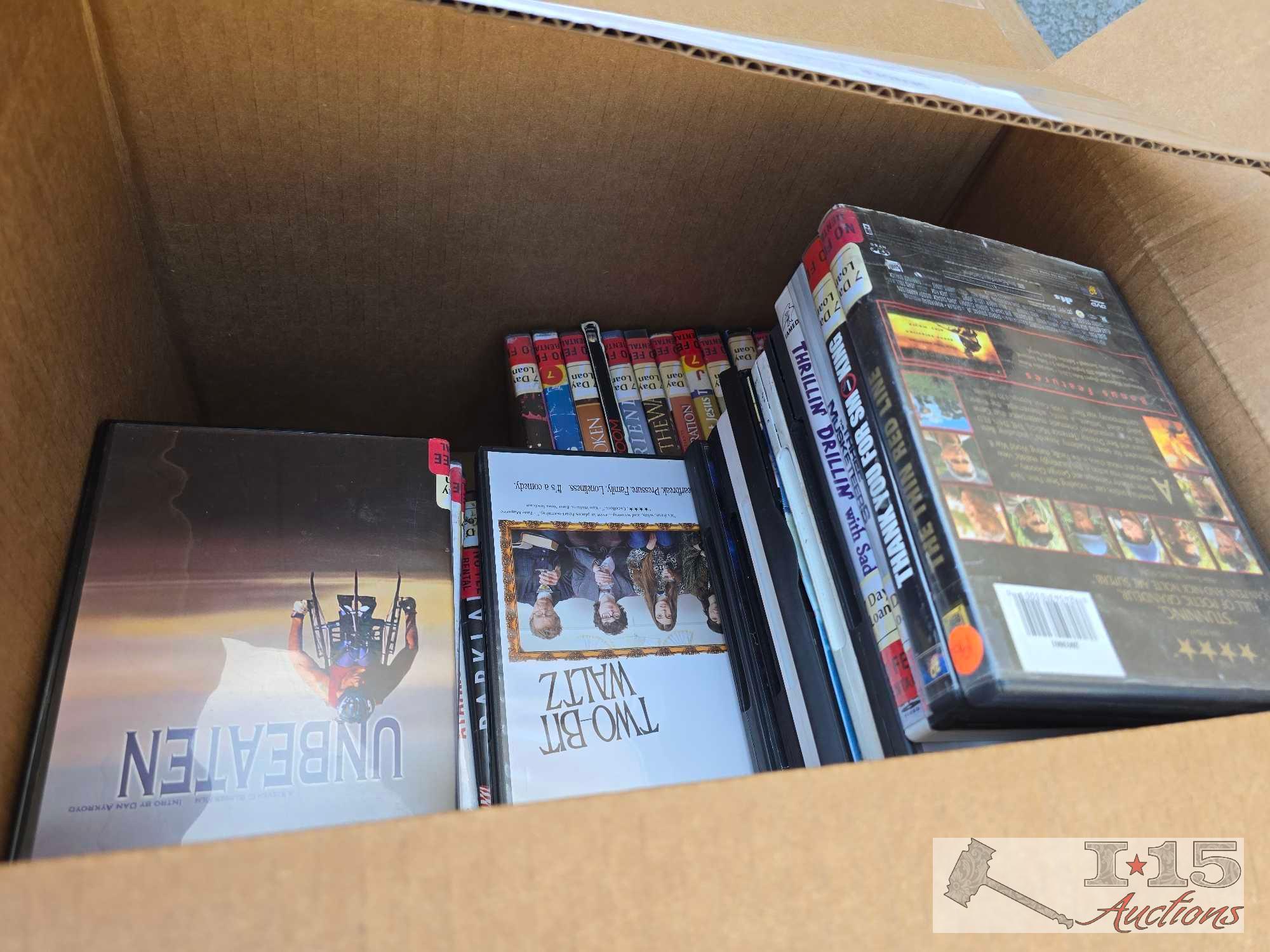 (36) Boxes of DVDs, Books, Audiobooks & Magazine