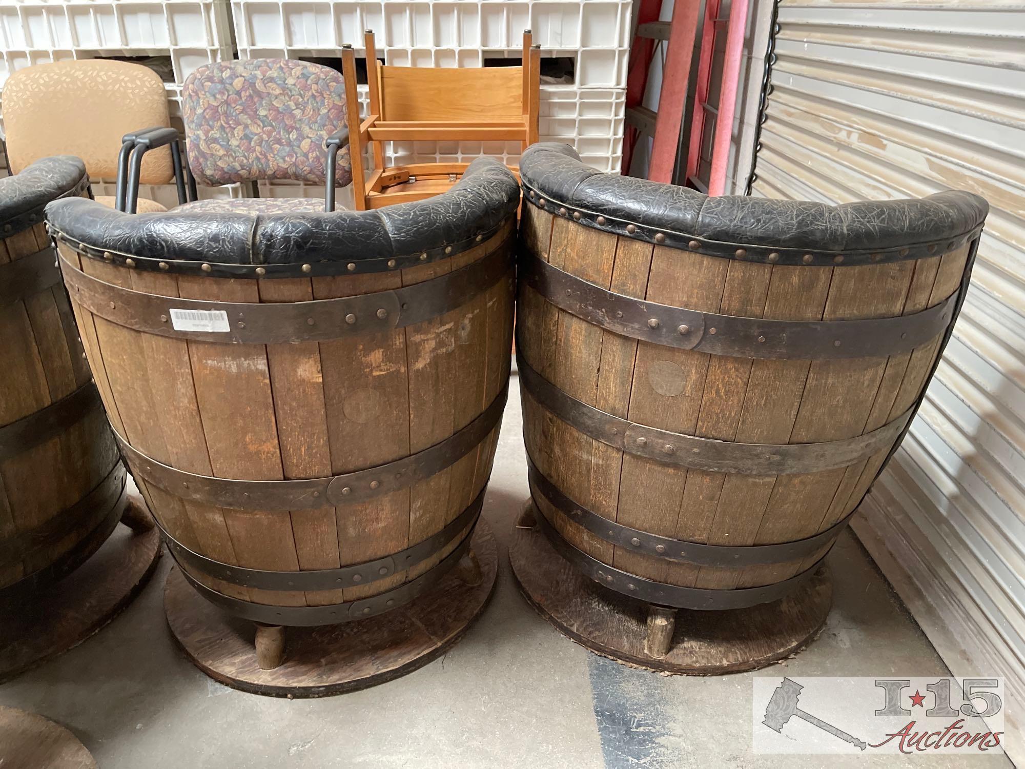 (4) Leather Wooden Barrel Chairs