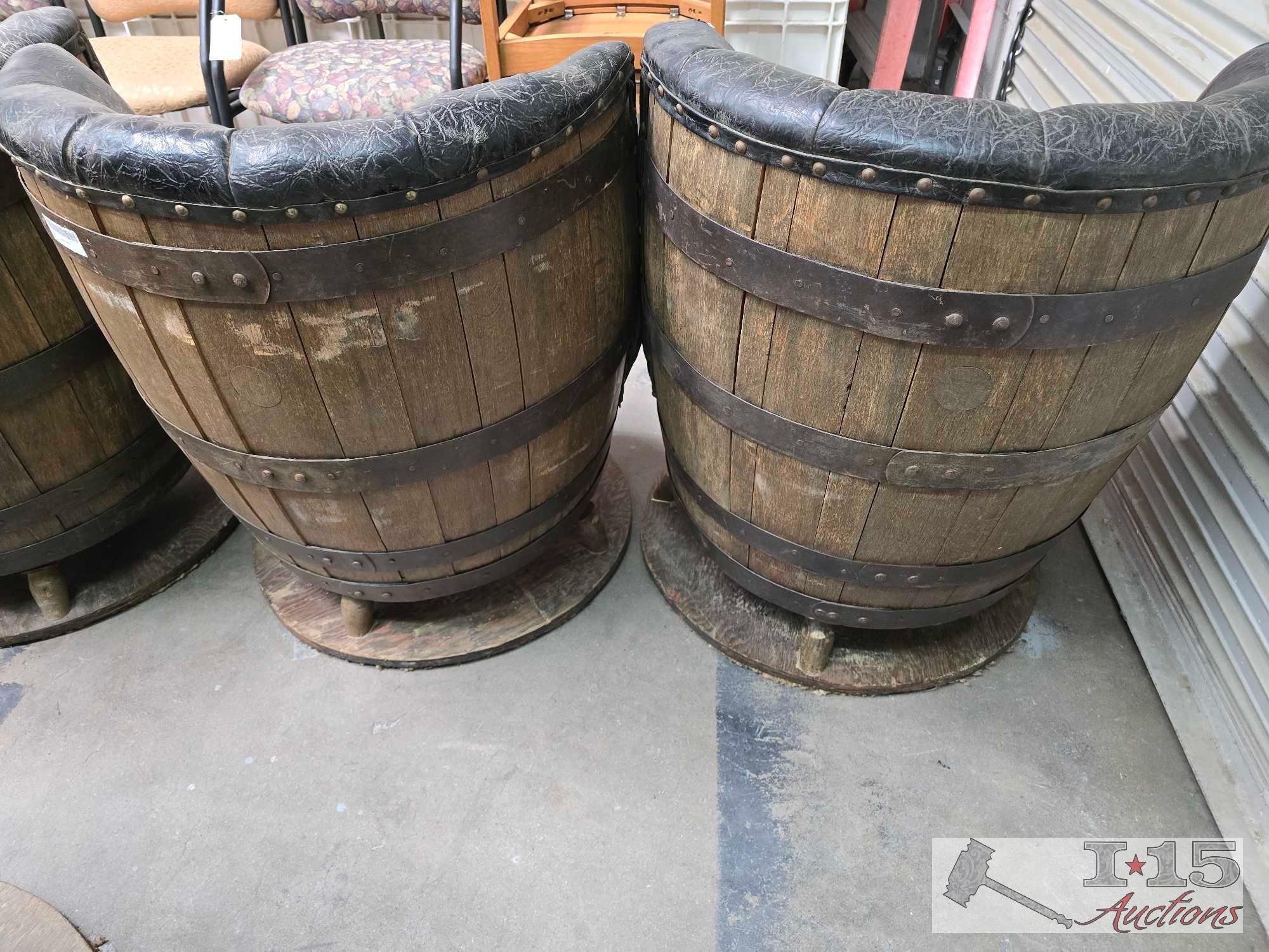 (4) Leather Wooden Barrel Chairs