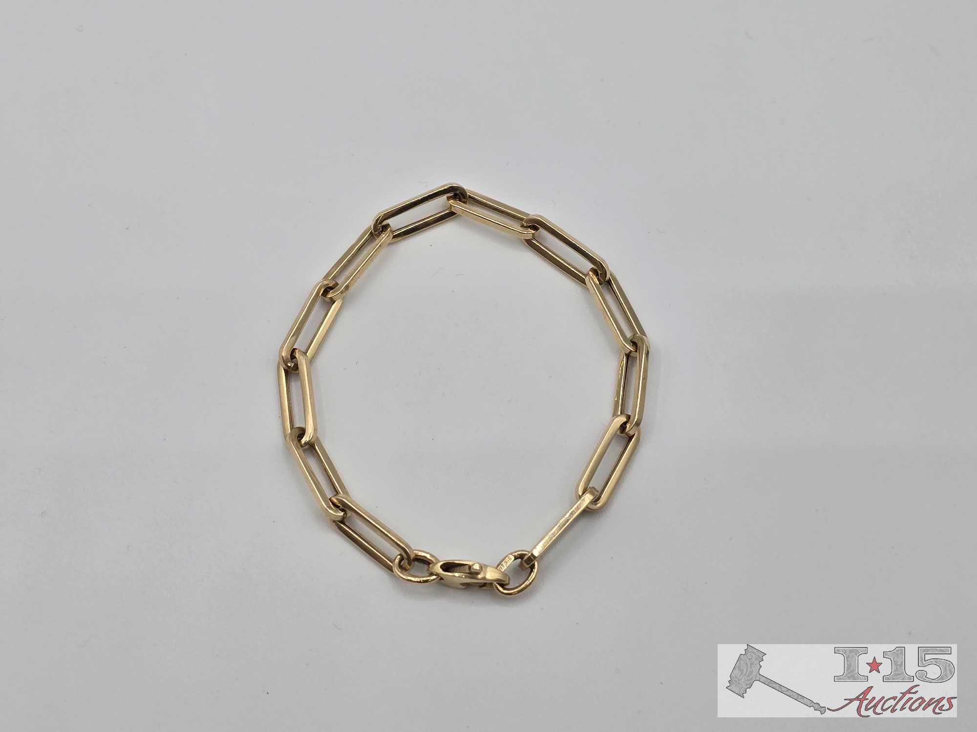 14K Gold Paperclip Chain Bracelet, 4.51g