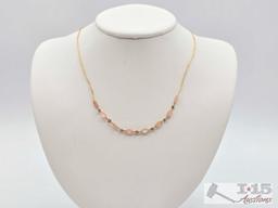 14K Gold Mesh Necklace with Pink Semi-Precious Stones, 2.84g