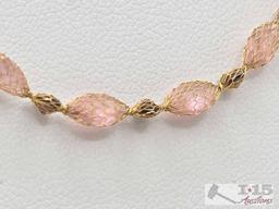 14K Gold Mesh Necklace with Pink Semi-Precious Stones, 2.84g