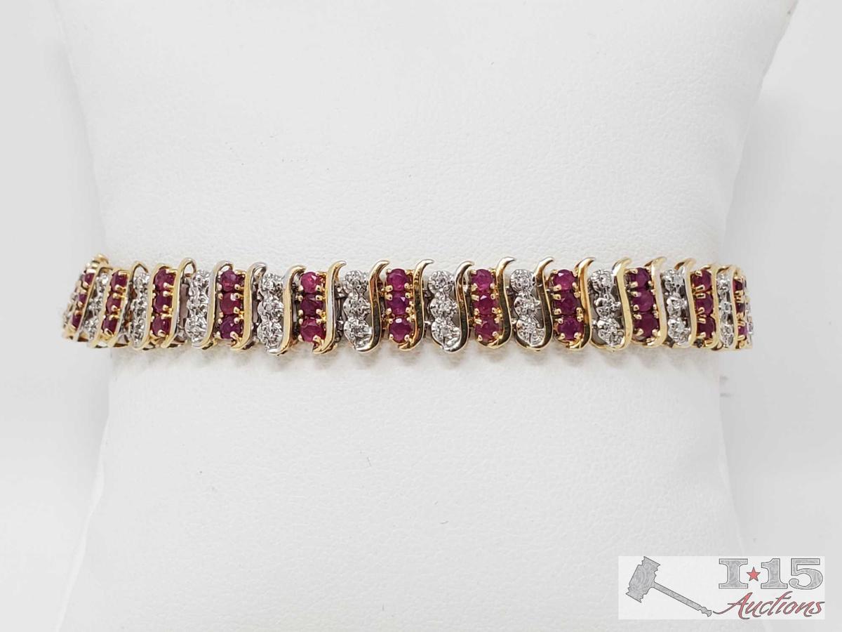 10k Gold Ruby and Diamond Bracelet, 11.9g