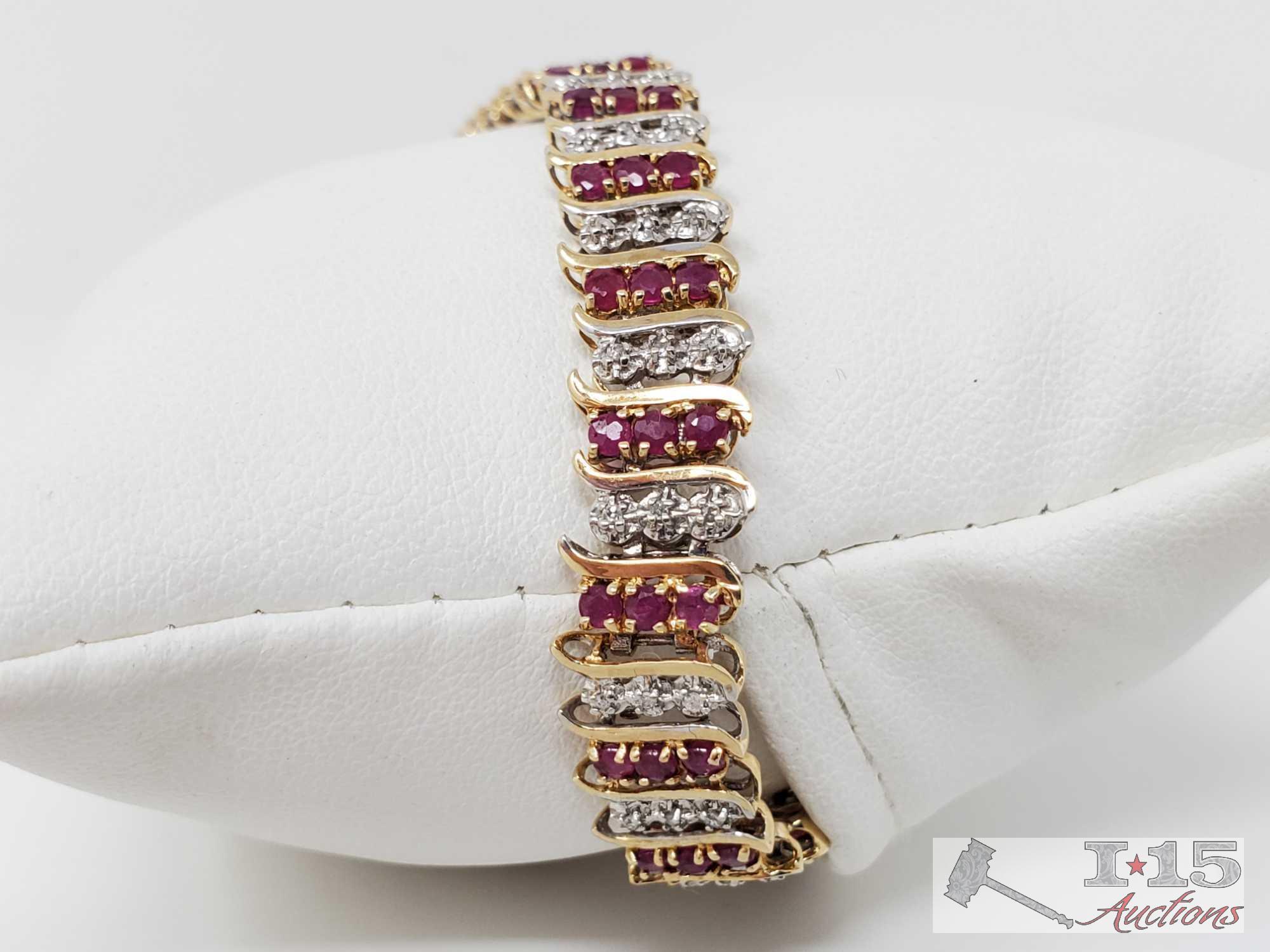 10k Gold Ruby and Diamond Bracelet, 11.9g