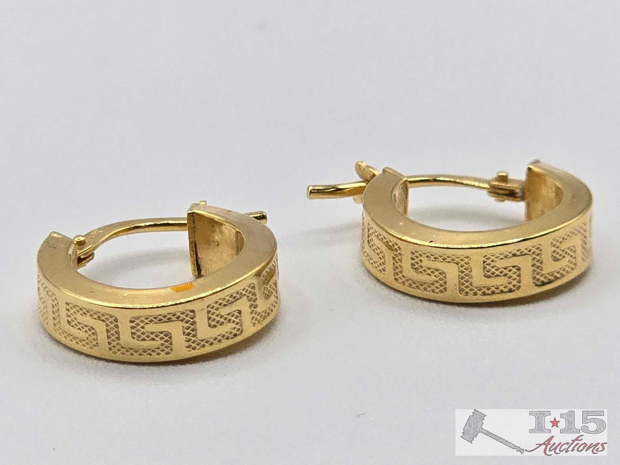 10K Gold Hoop Earrings with Greek Key Design, 1.23g