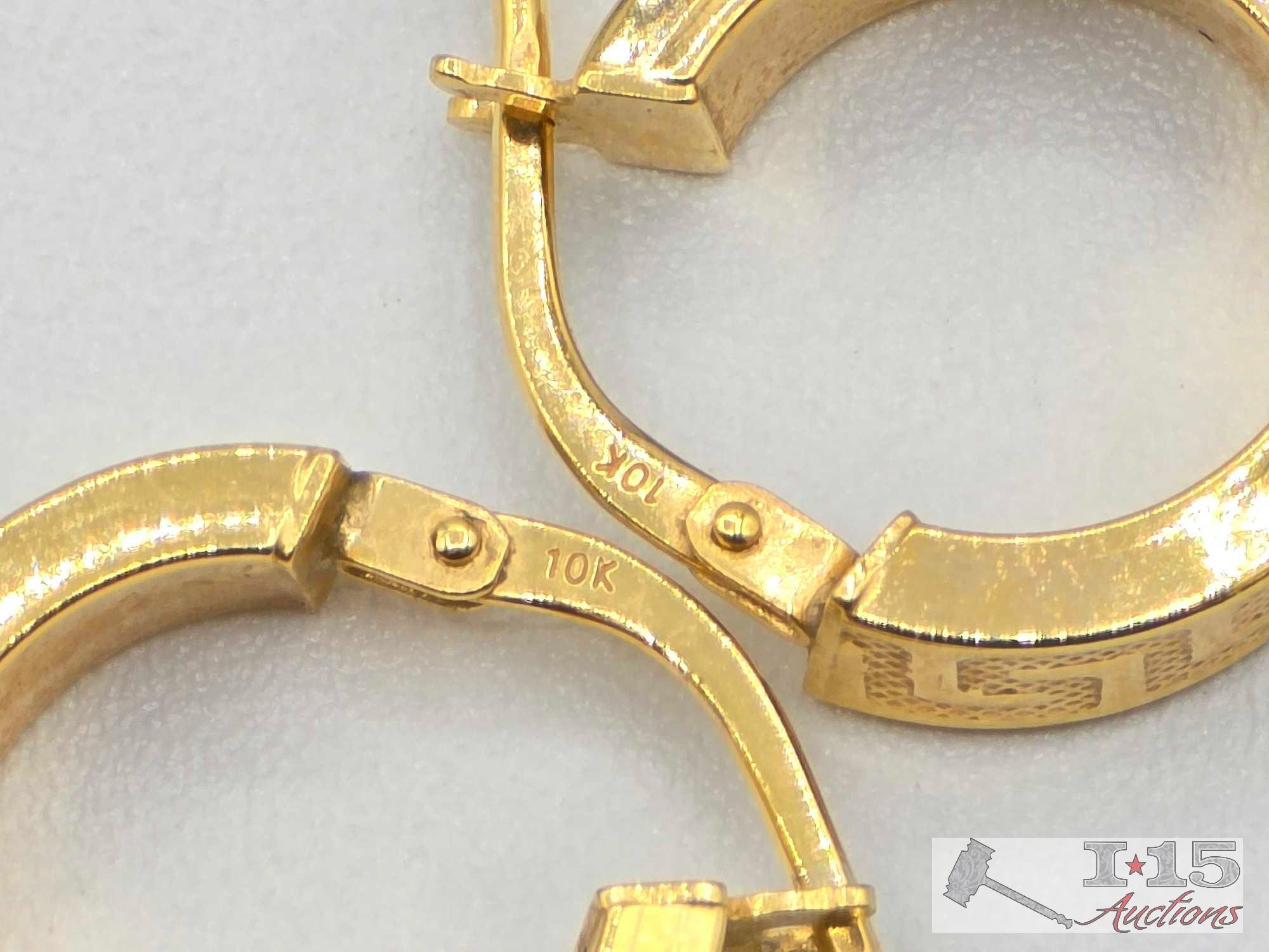 10K Gold Hoop Earrings with Greek Key Design, 1.23g