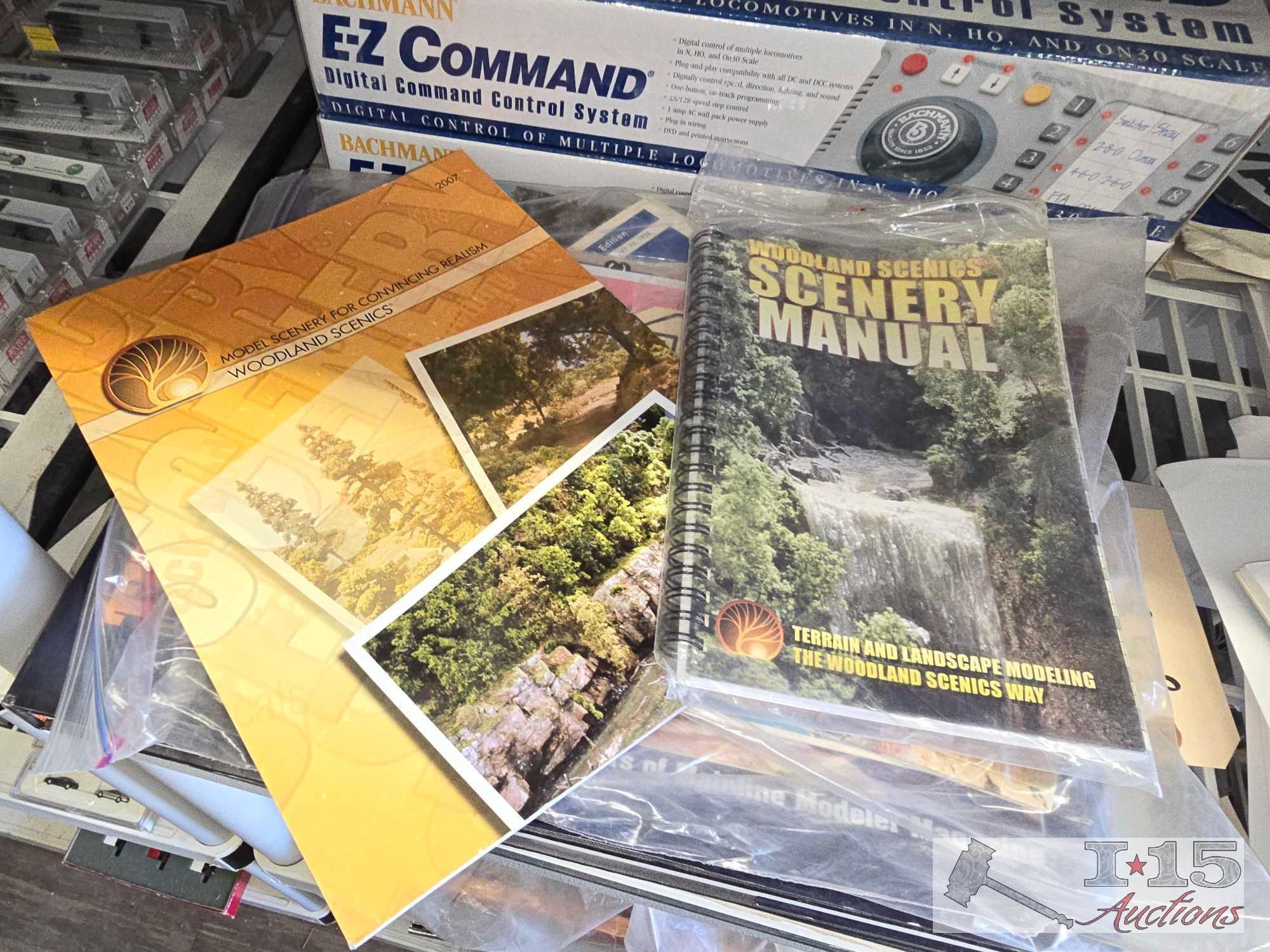 (2) E-Z Commands, (2) Woodland Scenic Manuals, (2) Locomotive Cyclopedias