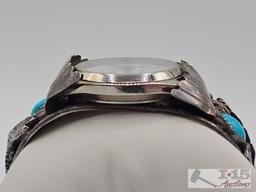 Sterling Silver Sharp Quartz Railroad Watch Cuff with Turquoise & Coral Accents, 93.75g