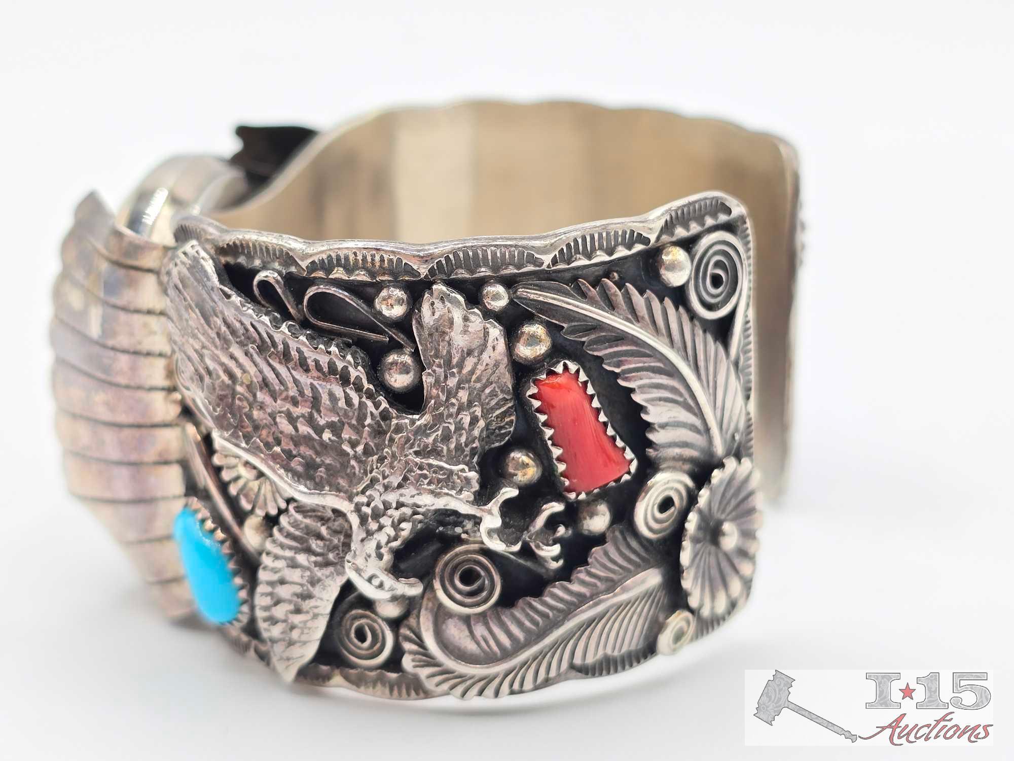 Sterling Silver Sharp Quartz Railroad Watch Cuff with Turquoise & Coral Accents, 93.75g